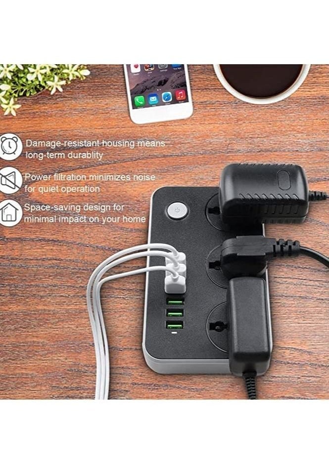 Generic Power Strip with USB Ports Long Cord Universal Socket 3 Outlets Surge Protector 6 Quick USB (4A) Charging Station 3M Power Cord 2500W Circuit Breaker Child Safe Door (Black & Grey)  - Image 3