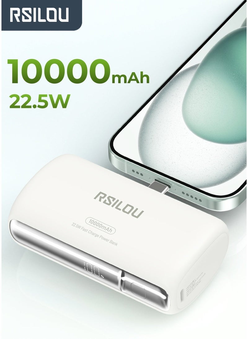RSILOU R1028 - Mini Capsule Power Bank 10000mAh with Built-in Cable, Magnetic Stand, Fast Charging, and Digital Display – Compatible with iPhone, Samsung, Huawei, Xiaomi – White - Image 1