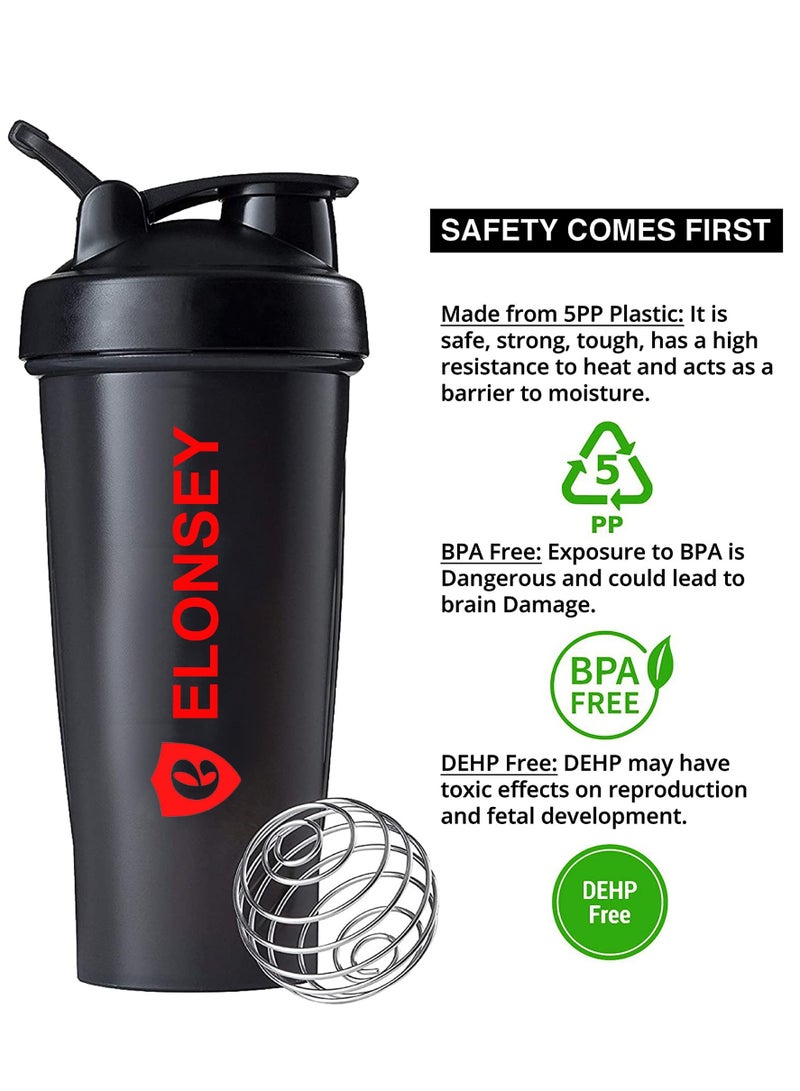 إيلونسي زجاجة رج البروتين، زجاجة مياه رياضية مقاومة للتسرب وخالية من مادة BPA، زجاجة خلط غير قابلة للانزلاق ومكملات غذائية، سعة 600 مل - Image 2