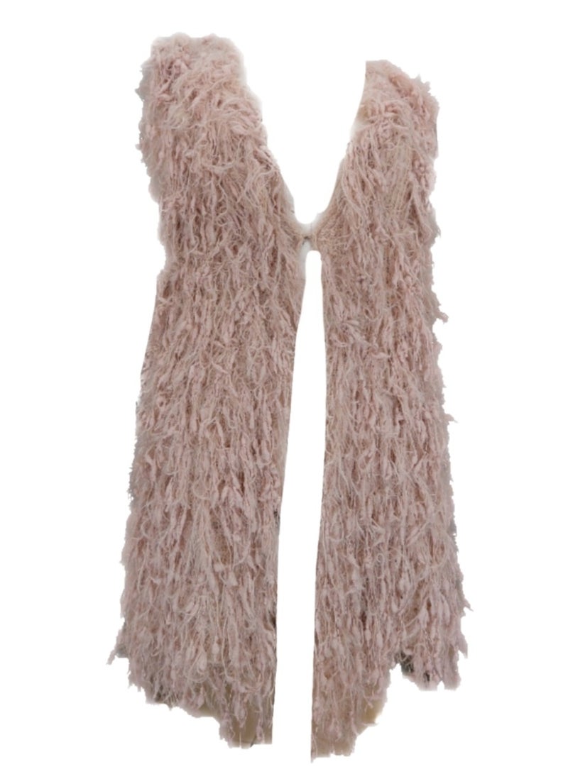 Women Winter Fringed Fur Long Vest Cashmere Pink - Image 1
