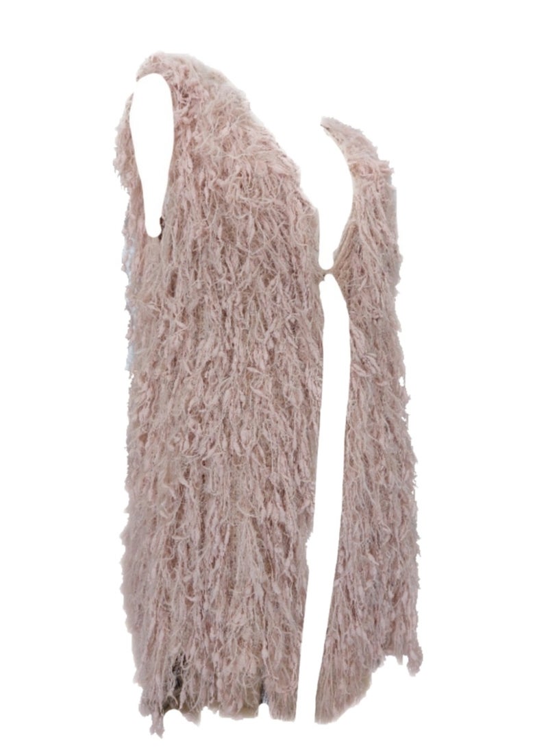 Women Winter Fringed Fur Long Vest Cashmere Pink - Image 2