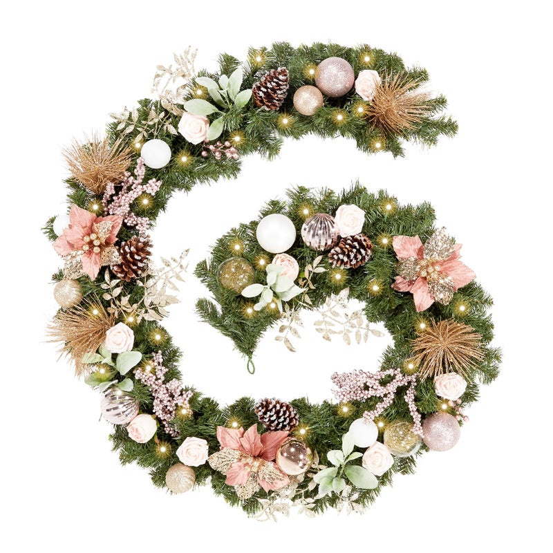 WBHome Prelit 9 Feet108 Inch Christmas Garland Rose Gold Lighted Garland with 50 LED Lights for Indoor Outdoor Xmas Decor Holiday Decorations Battery Operated Batteries NOT Included