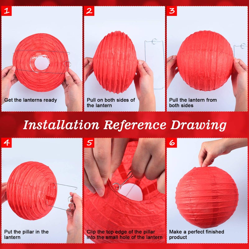 Tenare 12 Pcs Traditional Round Paper Wedding Lantern 4 Size 4, 6, 8, 10 Inch Decorative Ball Hanging Chinese Japanese Paper Lantern for Birthday Party(Black, White, Red) - Image 3