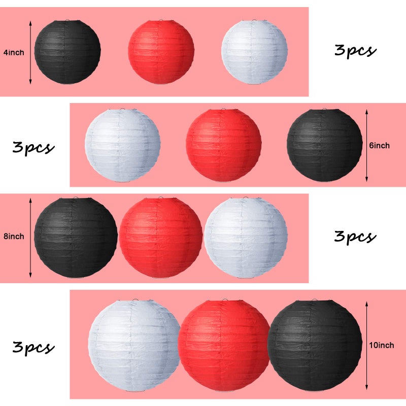 Tenare 12 Pcs Traditional Round Paper Wedding Lantern 4 Size 4, 6, 8, 10 Inch Decorative Ball Hanging Chinese Japanese Paper Lantern for Birthday Party(Black, White, Red) - Image 2