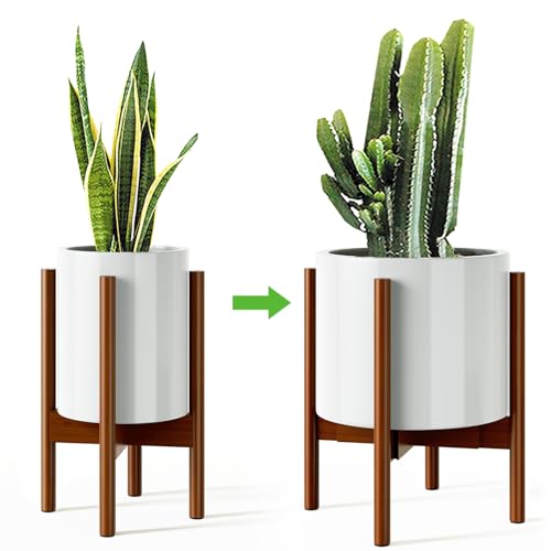 MUDEELA 14.5 Inch Tall Plant Stand for Indoor, Adjustable Width Bamboo Plant Stand for 8 9 10 11 12 Inches Pot, Single Tier Planter Holder Floor Stand, Mid Century Modern Style, Dark Brown, Without Pot - Image 1