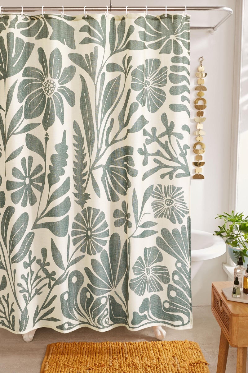 RoomTalks Vintage Floral Faux Linen Shower Curtain Extra Long 84 Inches - 210GSM Heavy Duty Modern Farmhouse Matisse Flowers Plants Botanical Shower Curtain Set Aesthetic Bathroom Decor - Image 1