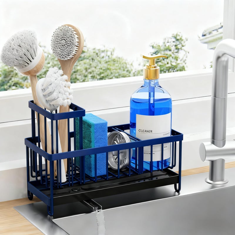 Cisily Sponge Holder Sponge Holder For Kitchen Sink  Sink Caddy Organizer With High Brush Holder  Kitchen Countertop Navy Blue Accessories And Decor - Image 1