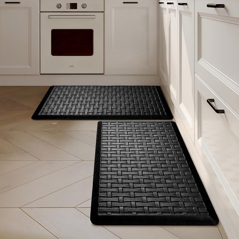UKISS 2PCS UKISS Kitchen Rugs, Cushioned Anti Fatigue Kitchen Mats for Floor, Waterproof Kitchen Rugï¼ŒNon-Slip Comfort Standing Mat for Kitchen (Black, 17.3"x28"+17.3"x28") - Image 1