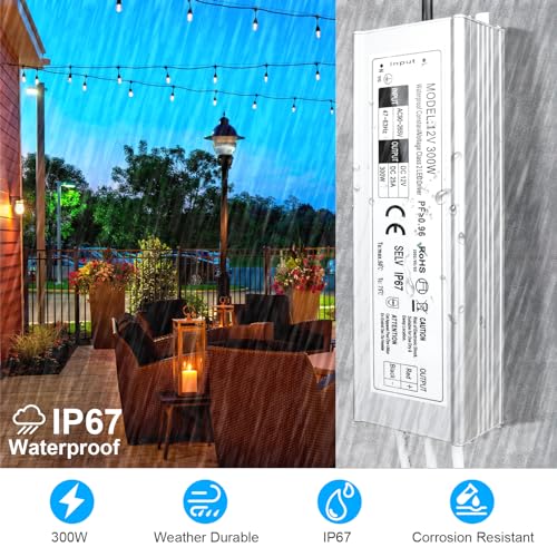 LightingWill LED Driver 300 Watts Waterproof IP67 Power Supply Transformer, 90-265V AC to 12V DC Low Voltage Output, Adapter with 3-Prong Plug 3.3 Feet Cable for Outdoor Use, Computer Project - Image 4