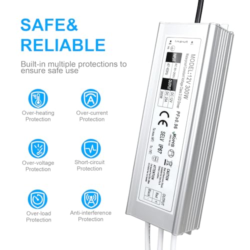 LightingWill LED Driver 300 Watts Waterproof IP67 Power Supply Transformer, 90-265V AC to 12V DC Low Voltage Output, Adapter with 3-Prong Plug 3.3 Feet Cable for Outdoor Use, Computer Project - Image 2