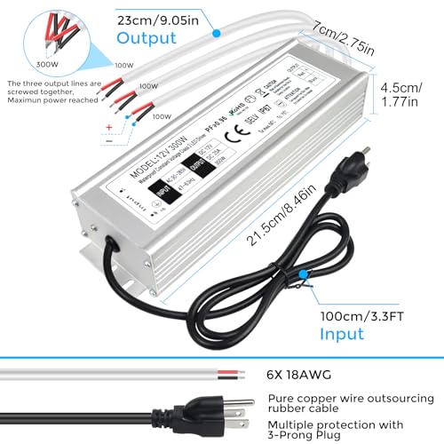LightingWill LED Driver 300 Watts Waterproof IP67 Power Supply Transformer, 90-265V AC to 12V DC Low Voltage Output, Adapter with 3-Prong Plug 3.3 Feet Cable for Outdoor Use, Computer Project - Image 3