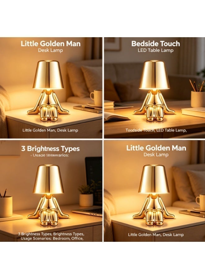 Little Gold Man Table Lamp,Touch Control， USB Rechargeable Portable Desk lamp. 3-Level Dimmable LED, Bedside Nightstand Lamp，Offce, Home Decor (Golden) Style C - Image 5