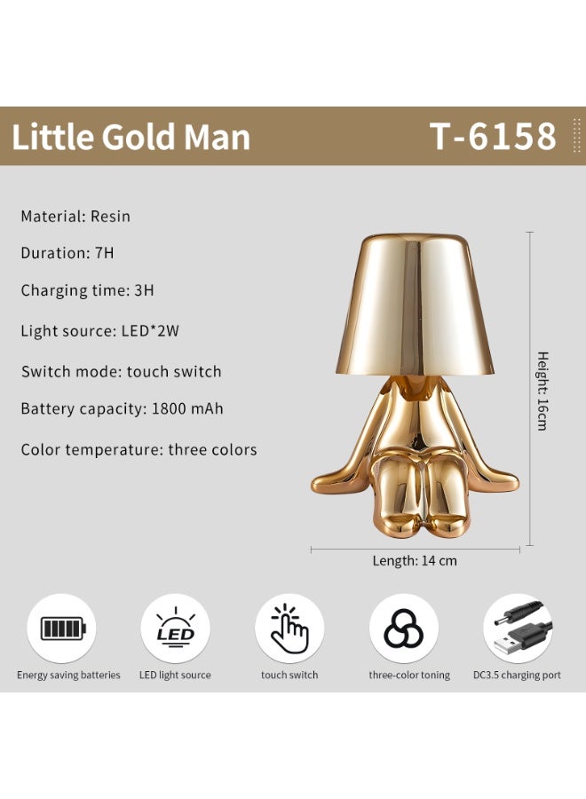 Little Gold Man Table Lamp,Touch Control， USB Rechargeable Portable Desk lamp. 3-Level Dimmable LED, Bedside Nightstand Lamp，Offce, Home Decor (Golden) Style C - Image 2