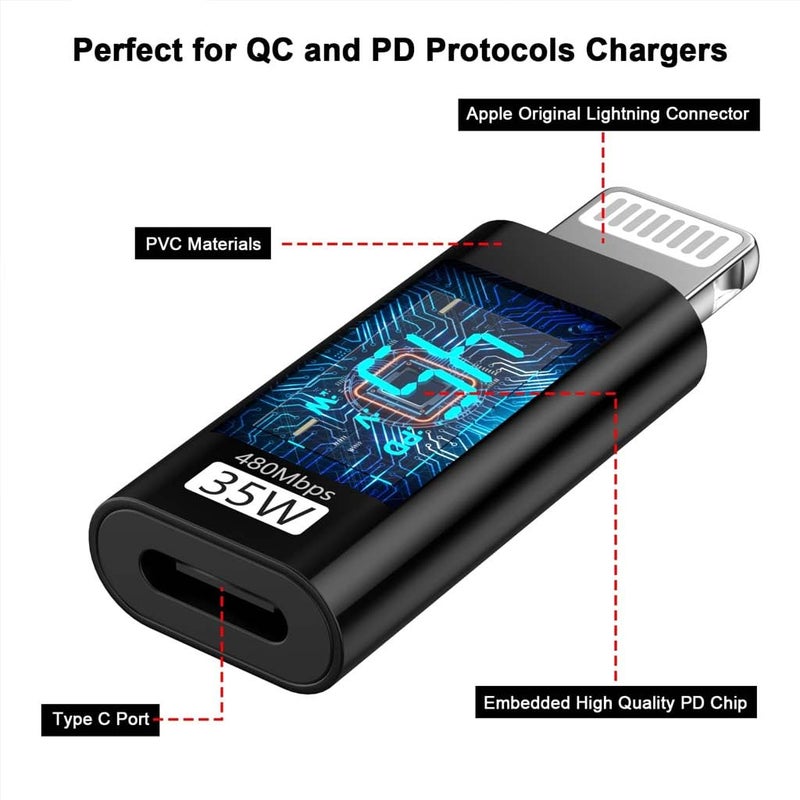 TECPHILE USB Type-C Female to Lighting Male Adapter Converter, LED Display, Fast Charging Up to 35W, Compatible with iPhone 14/13/12/11/X/8 Series and Other Type-C Devices (Pack of 2) - Image 3