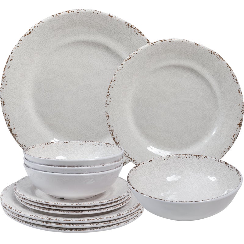 ZAROCRUS Farmhouse Melamine Dinnerware Sets,12 Pieces Dishes Dinnerware Set,Service for 4 Lightweight Kitchen Plates and Bowls Sets, Great for Casual dining and Outdoor Parties Camping or RVs, White - Image 1