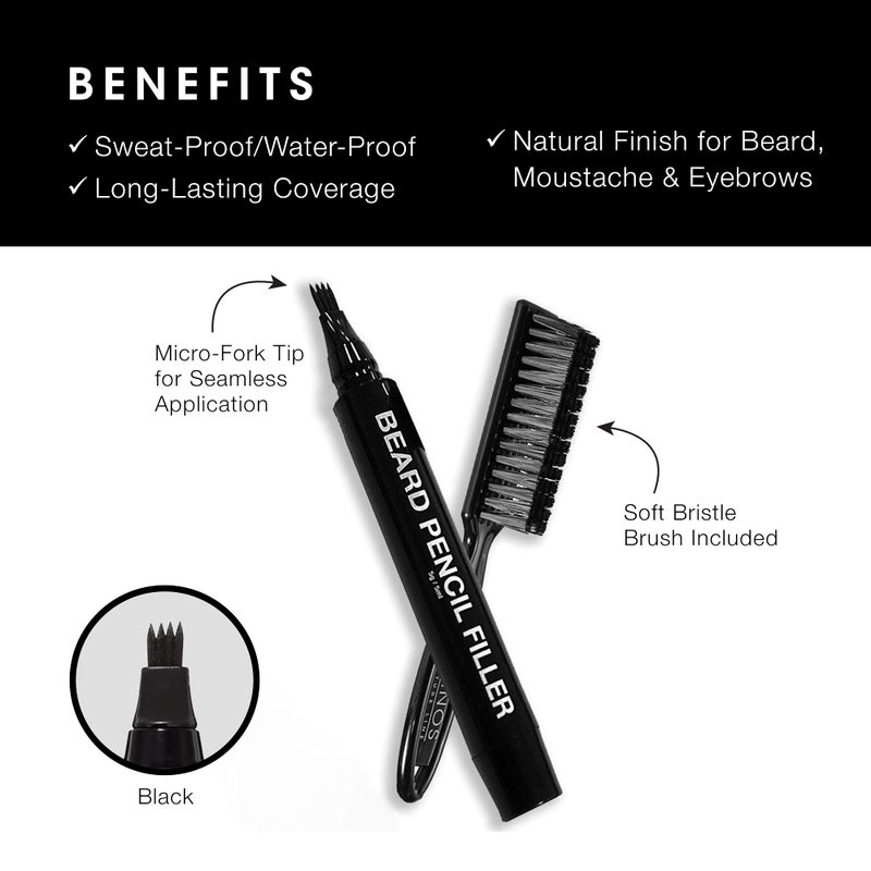 Pacinos Beard Pencil Filler - Water Proof, Long Lasting Coverage & Natural Finish - Beard, Moustache & Eyebrows - Micro-Fork Tip for Seamless Application - Includes Bristle Brush for Blending (Black) - Image 3