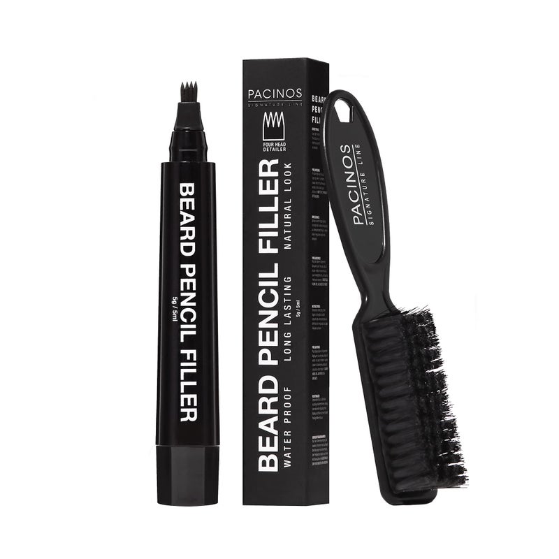 Pacinos Beard Pencil Filler - Water Proof, Long Lasting Coverage & Natural Finish - Beard, Moustache & Eyebrows - Micro-Fork Tip for Seamless Application - Includes Bristle Brush for Blending (Black) - Image 1