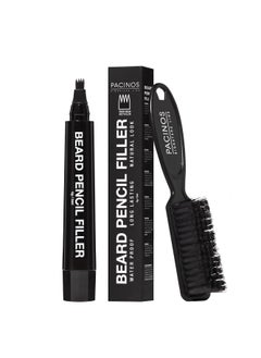 Pacinos Beard Pencil Filler - Water Proof, Long Lasting Coverage & Natural Finish - Beard, Moustache & Eyebrows - Micro-Fork Tip for Seamless Application - Includes Bristle Brush for Blending (Black)