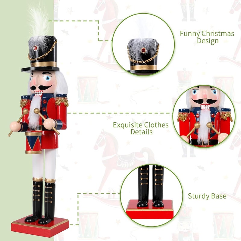 Vipush Christmas Wooden Nutcracker Soldier - 15 Inch The Drummer Style Figure Ornament Desktop Xmas Puppet Decor Doll Pendant for Party Store Home - Image 3