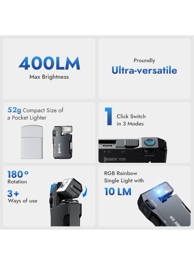 WUBEN G5 Flashlight Rechargeable Torch Light, 400 Lumens Super Bright Keychain Flashlight with RGB light, EDC Mini Magnetic Keychain Pocket Torch, Lightweight Camping Torch for Outdoor Home (Black) - Image 3