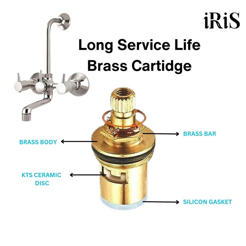 IRIS 2 in 1 Brass Wall Mixer with Provision for Overhead Shower and 125 mm Long Bend Pipe -Visible Hot/Cold - Image 3