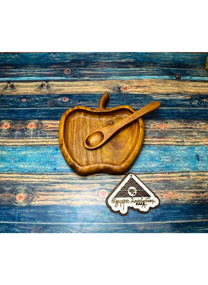 Egypt Antiques A children's food or snack dish in the form of an apple + a wooden spoon. Handmade, 100% natural colors, treated with olive oil  - Image 2
