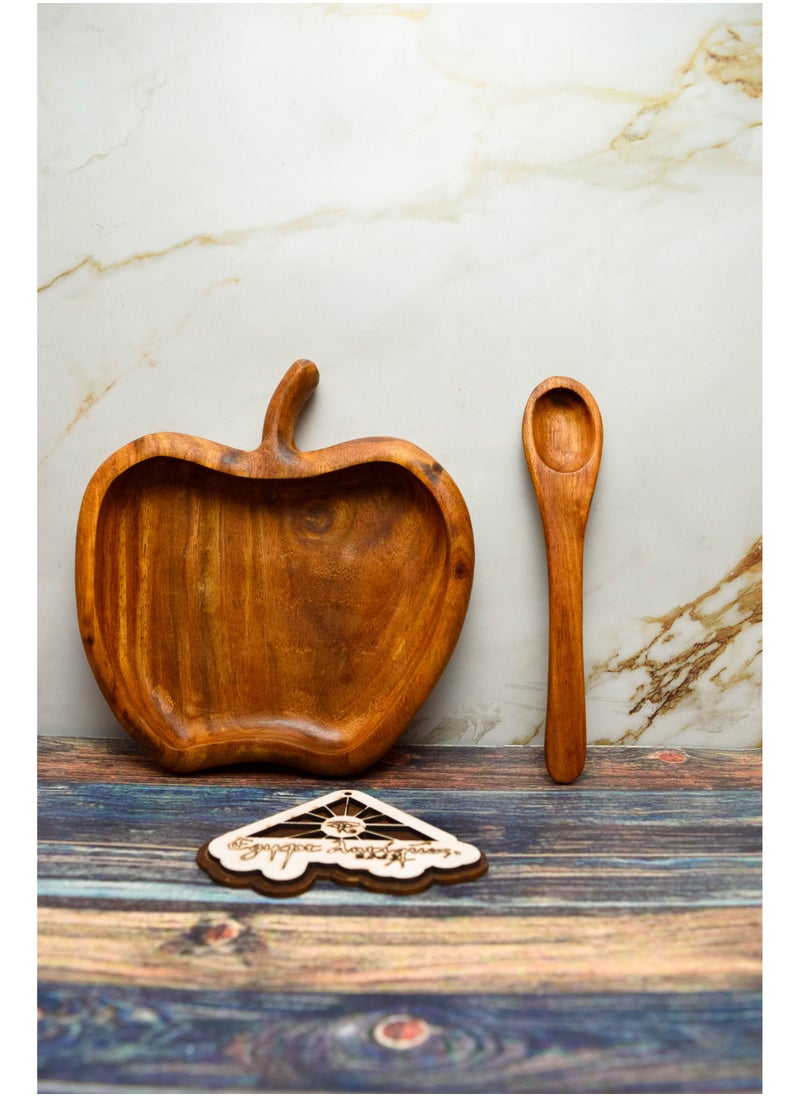 Egypt Antiques A children's food or snack dish in the form of an apple + a wooden spoon. Handmade, 100% natural colors, treated with olive oil  - Image 3