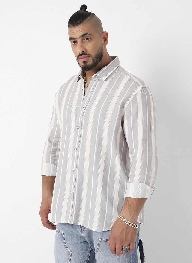 Instafab Plus Men's Light Grey Shadow Striped Shirt For Casual Wear | Spread Collar | Long Sleeve | Button Closure | Cotton Viscose Shirt Crafted With Comfort Fit For Everyday Wear - Image 3