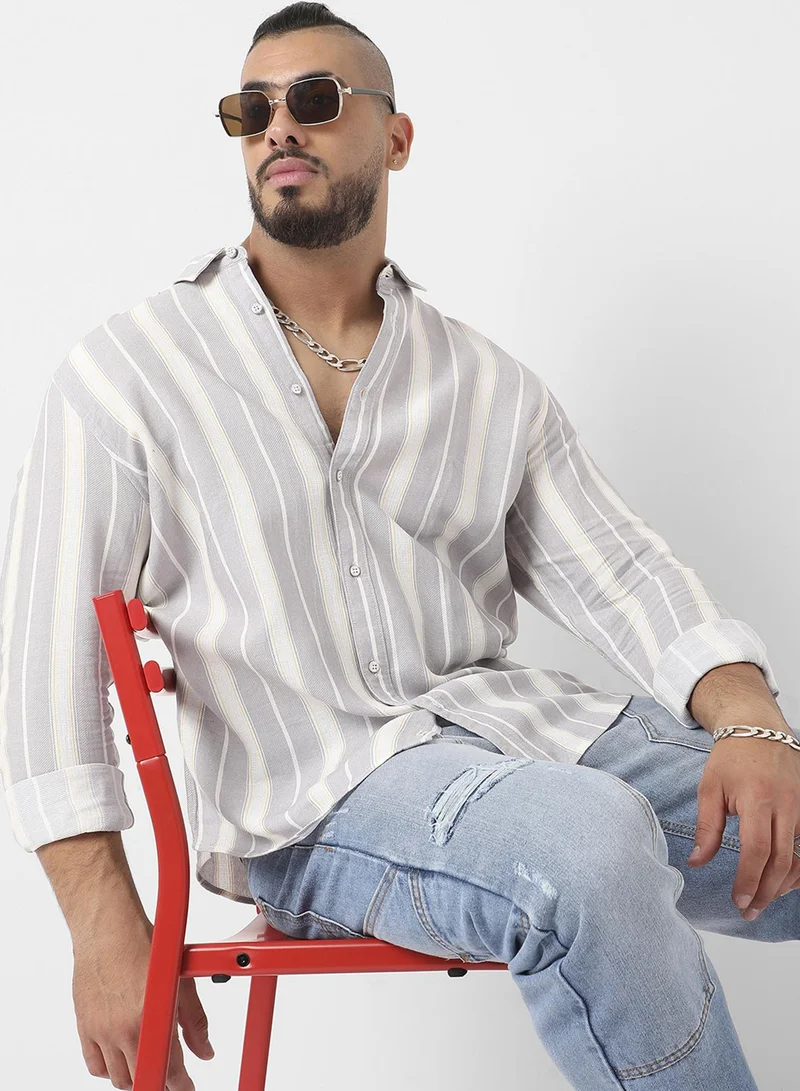 Instafab Plus Instafab Plus Men's Light Grey Shadow Striped Shirt For Casual Wear | Spread Collar | Long Sleeve | Button Closure | Cotton Viscose Shirt Crafted With Comfort Fit For Everyday Wear