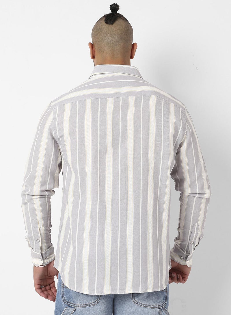 Instafab Plus Men's Light Grey Shadow Striped Shirt For Casual Wear | Spread Collar | Long Sleeve | Button Closure | Cotton Viscose Shirt Crafted With Comfort Fit For Everyday Wear - Image 5