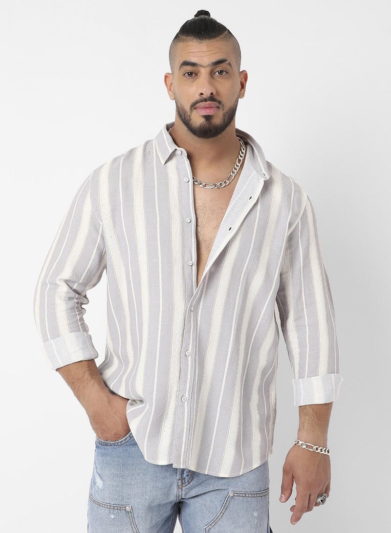 Instafab Plus Men's Light Grey Shadow Striped Shirt For Casual Wear | Spread Collar | Long Sleeve | Button Closure | Cotton Viscose Shirt Crafted With Comfort Fit For Everyday Wear - Image 1