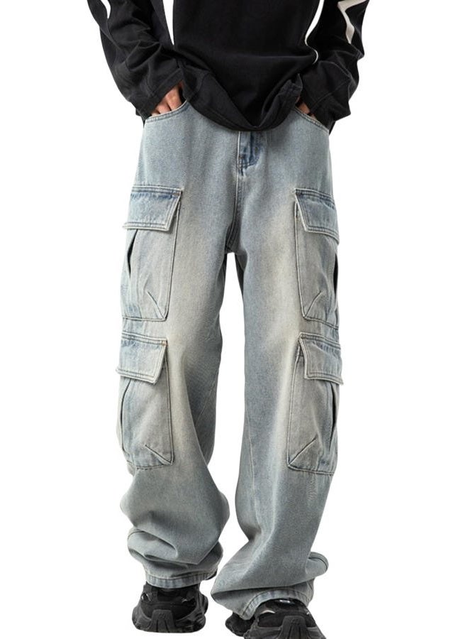 FantasyGears Mens Baggy Jeans for Men Women Y2k Skater Vintage Plain Pants Multiple Pockets Casual Wide Leg Loose Fit Cargo Denim Jeans, #2-blue, L - Image 1