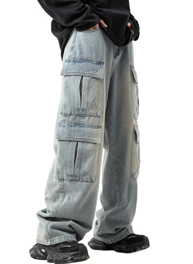 FantasyGears Mens Baggy Jeans for Men Women Y2k Skater Vintage Plain Pants Multiple Pockets Casual Wide Leg Loose Fit Cargo Denim Jeans, #2-blue, L - Image 2