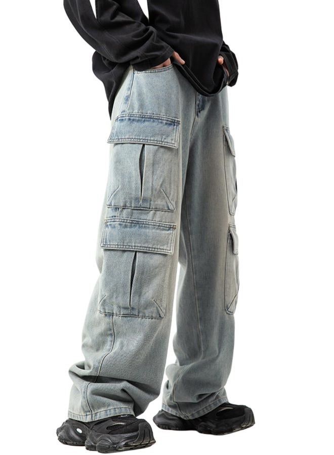 FantasyGears Mens Baggy Jeans for Men Women Y2k Skater Vintage Plain Pants Multiple Pockets Casual Wide Leg Loose Fit Cargo Denim Jeans, #2-blue, L - Image 3