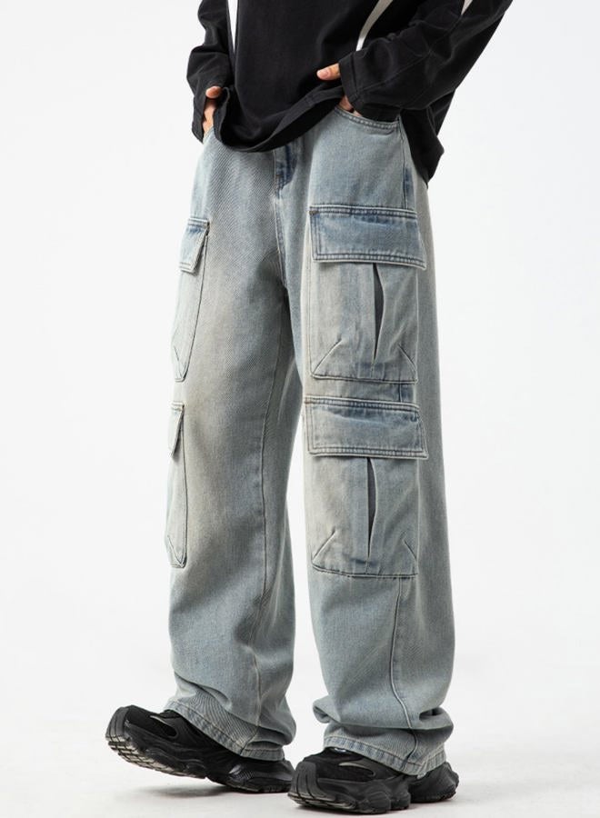 FantasyGears Mens Baggy Jeans for Men Women Y2k Skater Vintage Plain Pants Multiple Pockets Casual Wide Leg Loose Fit Cargo Denim Jeans, #2-blue, L - Image 5