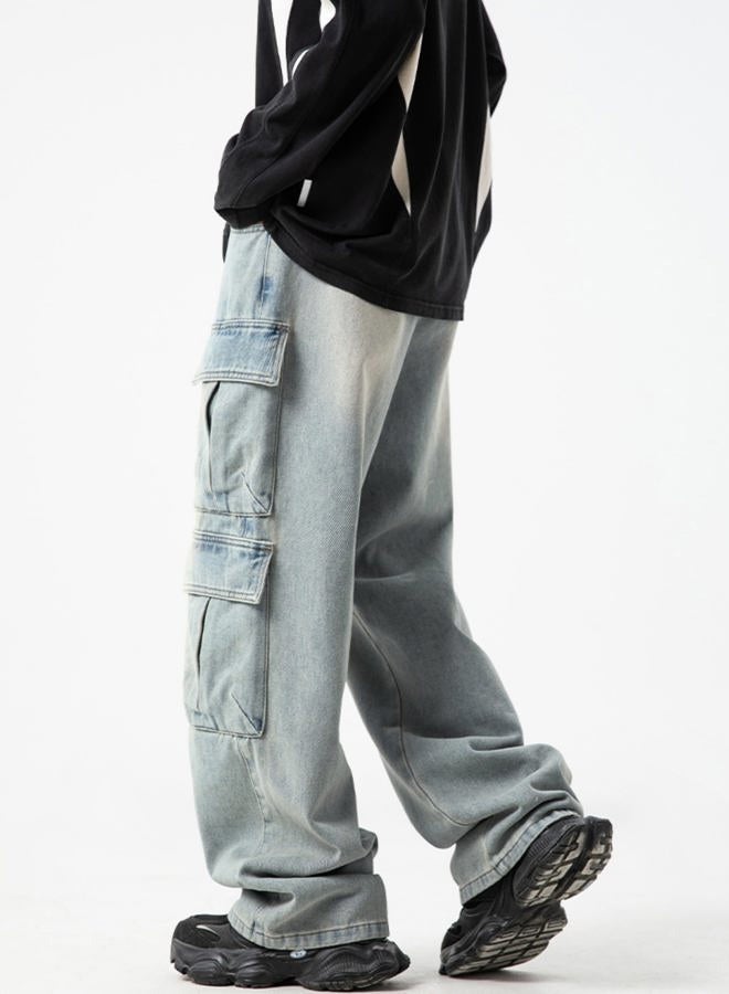 FantasyGears Mens Baggy Jeans for Men Women Y2k Skater Vintage Plain Pants Multiple Pockets Casual Wide Leg Loose Fit Cargo Denim Jeans, #2-blue, L - Image 4