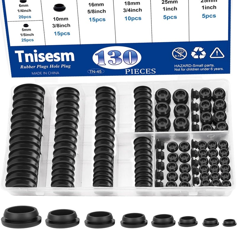 Tnisesm 130PCS 8 Sizes Black Rubber Plugs for Round Holes Silicone Plugs, 1" 3/4" 5/8" 1/2" 3/8" 5/16" 1/4" 1/5" Round Hole Plug Snap Locking, Used for Furniture - Image 1