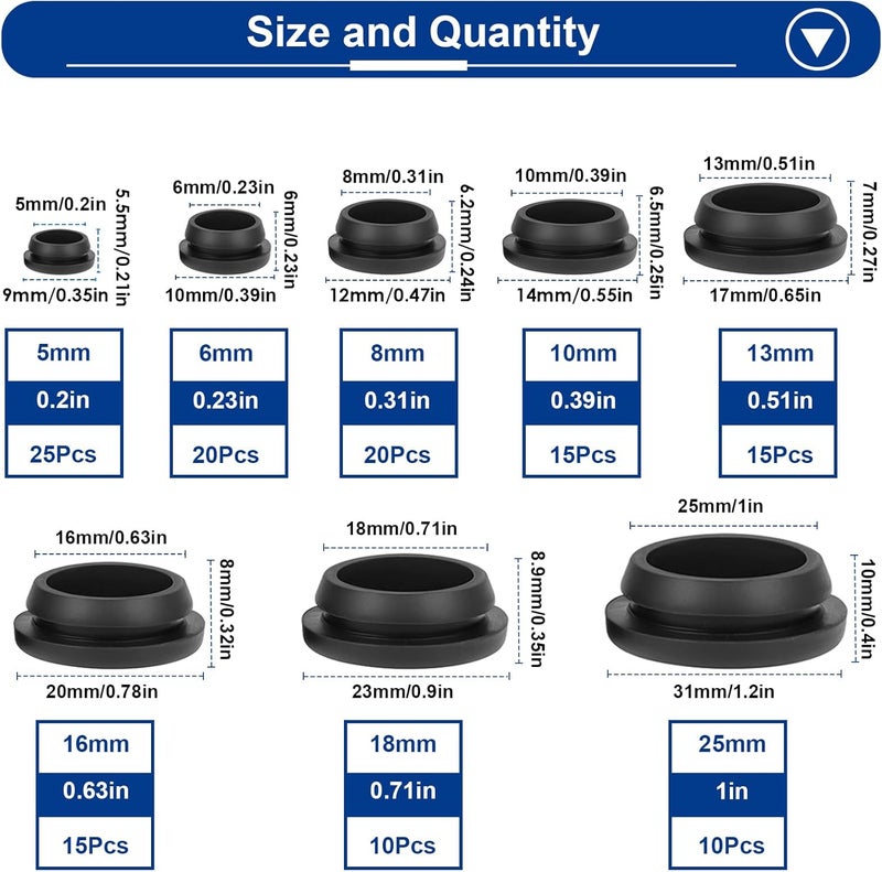 Tnisesm 130PCS 8 Sizes Black Rubber Plugs for Round Holes Silicone Plugs, 1" 3/4" 5/8" 1/2" 3/8" 5/16" 1/4" 1/5" Round Hole Plug Snap Locking, Used for Furniture - Image 2