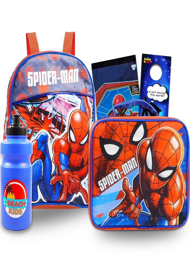 MARVEL Kids Spiderman Mini Backpack Set ~ 5 Pc Bundle with 11 Inch Marvel School Bag, Lunchbox, Water Pouch, 200 Stickers and More (Superhero School Supplies for Boys and Girls) - Image 1