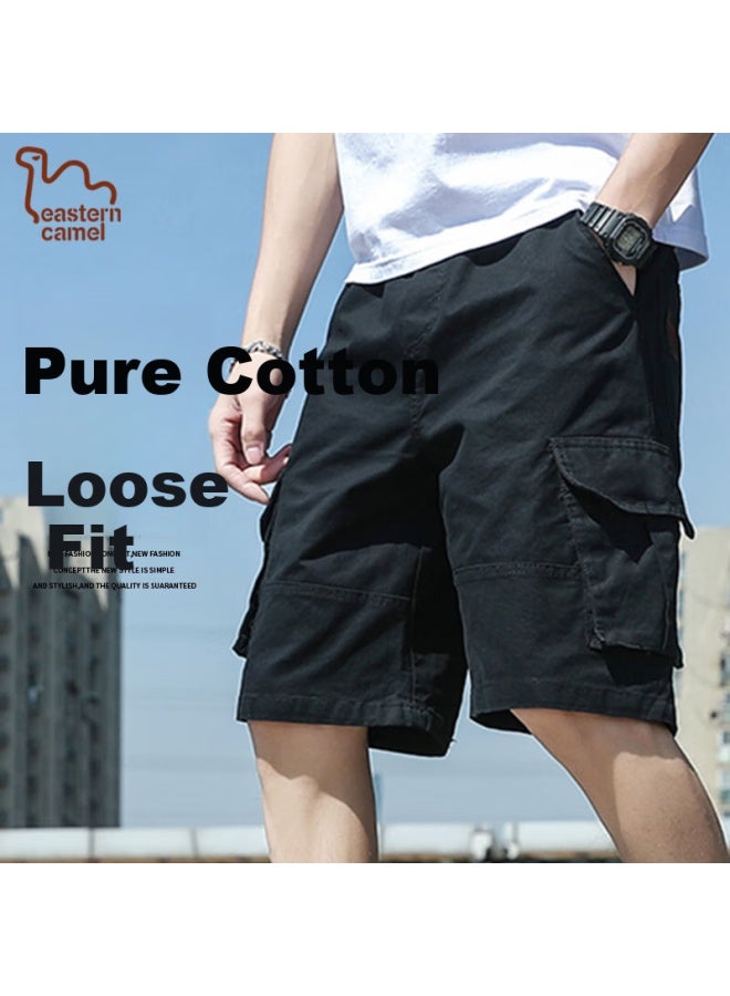 Eastern Camel Men's Summer Outdoor Loose-fit Pure Cotton Casual Thin Work Shorts Black 2XL