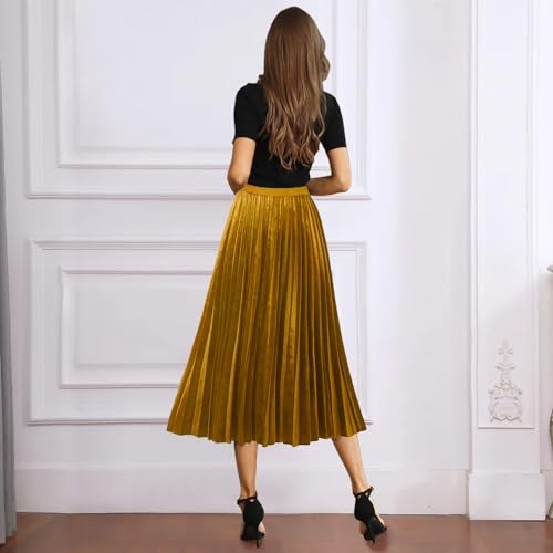 GOOBGS Women's Pleated A-Line High Waist Swing Flare Midi Skirt Velvet Gold Small/Medium - Image 3