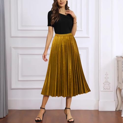GOOBGS Women's Pleated A-Line High Waist Swing Flare Midi Skirt Velvet Gold Small/Medium - Image 2