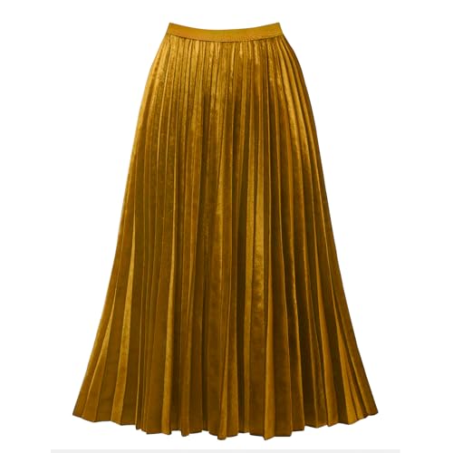 GOOBGS Women's Pleated A-Line High Waist Swing Flare Midi Skirt Velvet Gold Small/Medium - Image 1