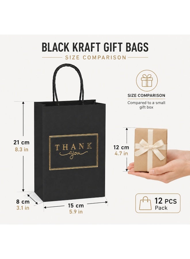 12 Pcs Gold Foil Thank You Print Black Kraft Paper Gift Tote Bags Twisted Paper Handle Hand Bags for Ramadan Eid Wedding Birthday Party Gift Packaging 21x15x8cm - Image 5