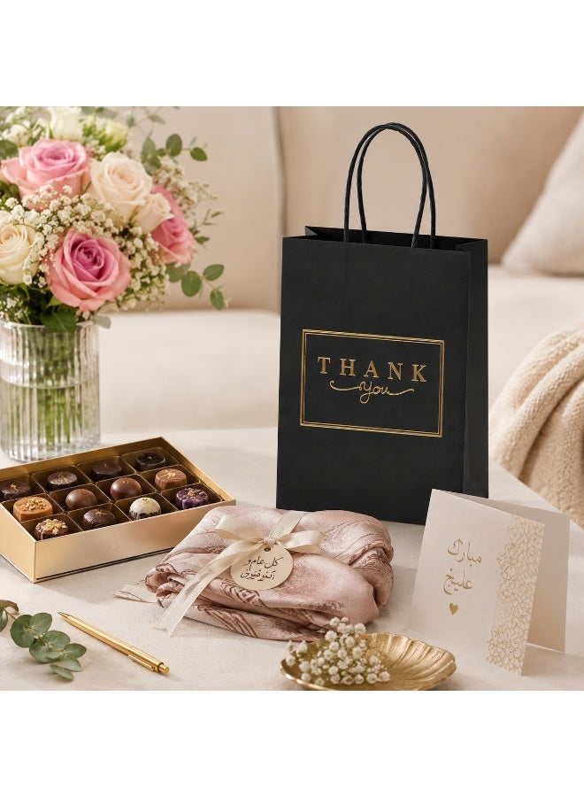 12 Pcs Gold Foil Thank You Print Black Kraft Paper Gift Tote Bags Twisted Paper Handle Hand Bags for Ramadan Eid Wedding Birthday Party Gift Packaging 21x15x8cm - Image 4