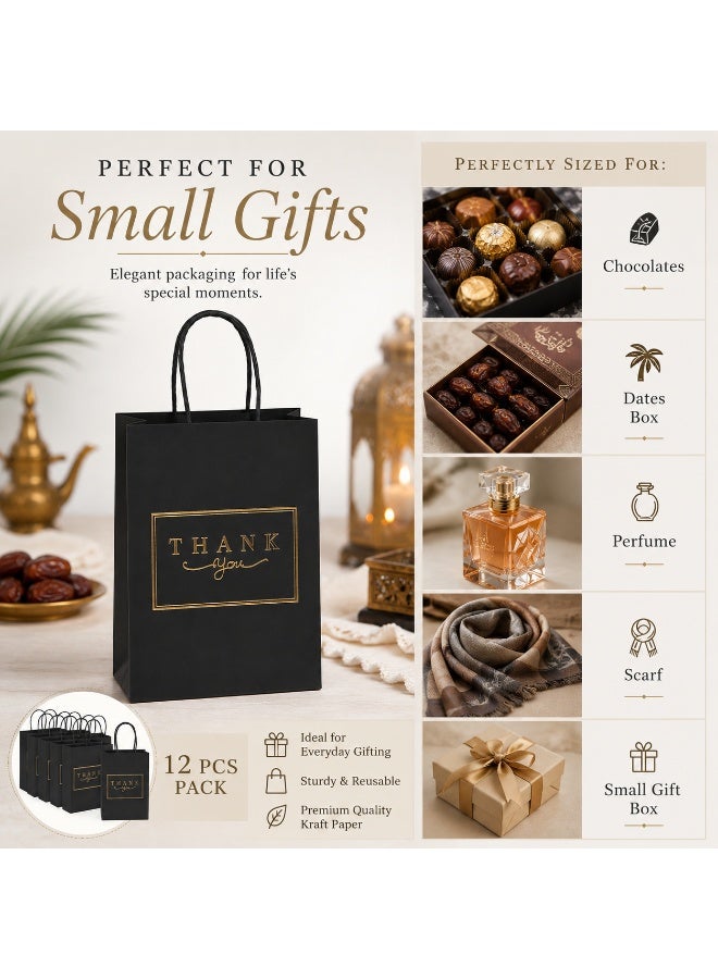 12 Pcs Gold Foil Thank You Print Black Kraft Paper Gift Tote Bags Twisted Paper Handle Hand Bags for Ramadan Eid Wedding Birthday Party Gift Packaging 21x15x8cm - Image 3