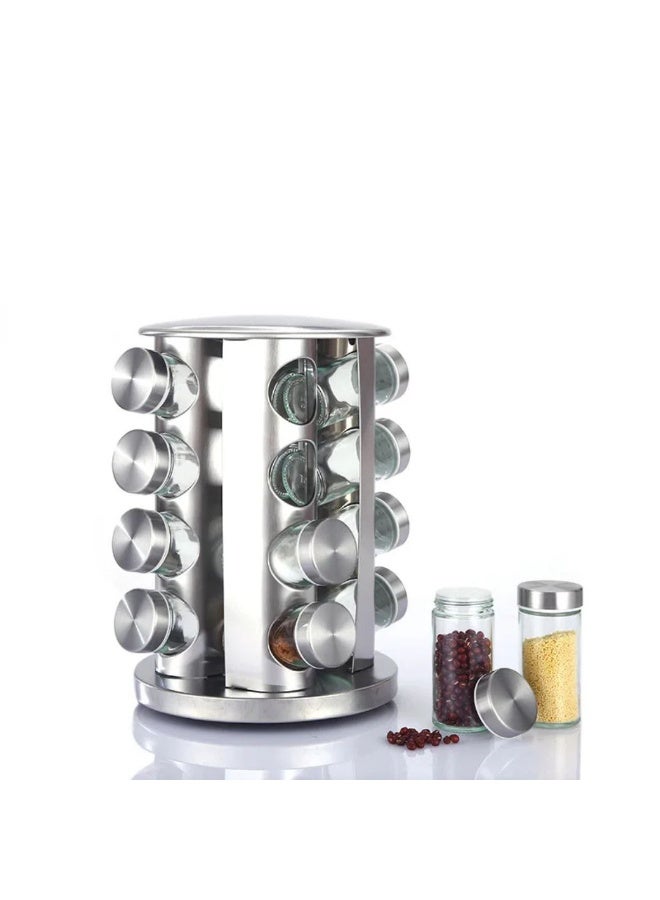 برطمانات توابل دوارة منظم دوار من الستانلس ستيل لتخزين المطبخ مع ملصقات قابلة لاعادة الاستخدام وقمع مجموعة كاملة 16 قطعة - Image 5