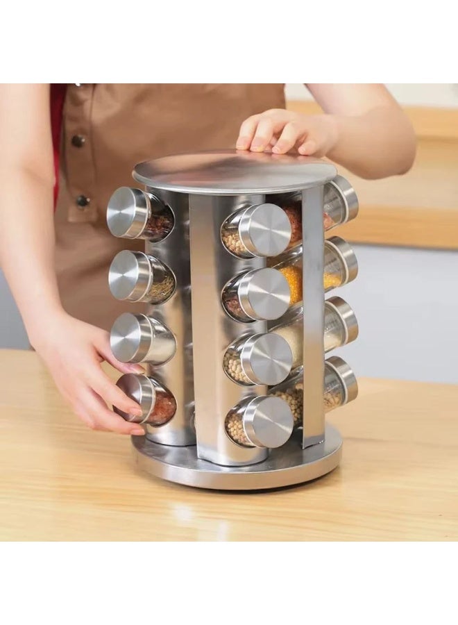 برطمانات توابل دوارة منظم دوار من الستانلس ستيل لتخزين المطبخ مع ملصقات قابلة لاعادة الاستخدام وقمع مجموعة كاملة 16 قطعة - Image 4