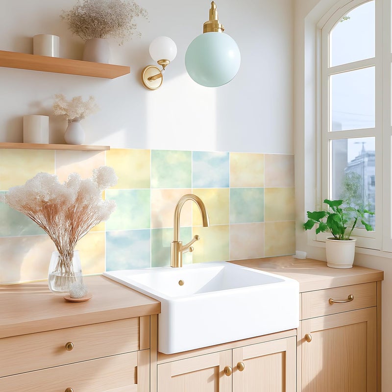 Alwayspon 15x15cmx25Pcs Self Adhesive Vinyl Waterproof Splashback Tiles Sticker, Peel and Stick Tile Transfer Sticker for Bathroom Kitchen Floor Wall, Light Yellow Green Pink Blue - Image 3