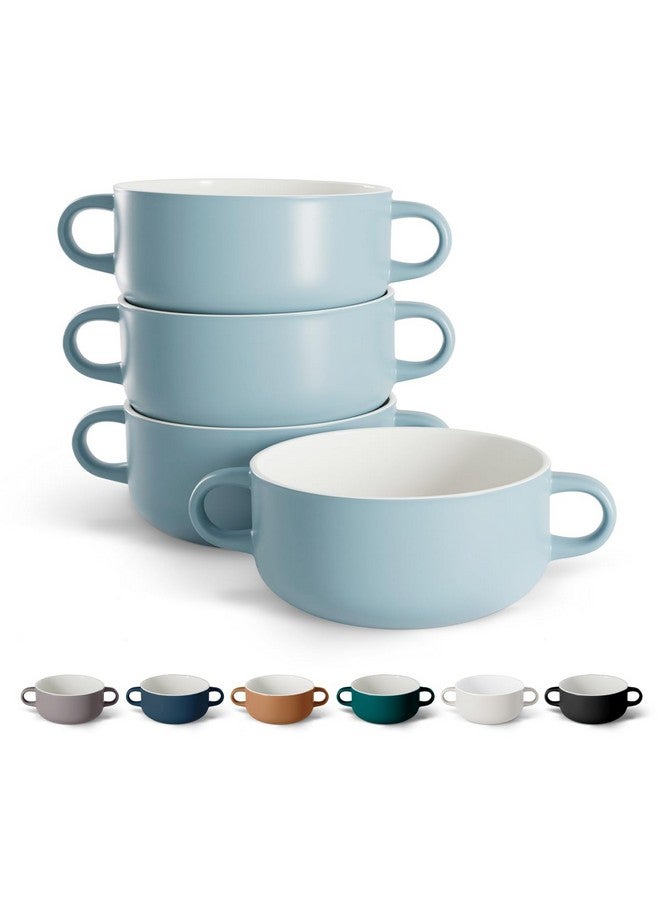 Kook أوعية حساء، أطباق خزفية، للشواء، آمنة للاستخدام في الفرن والميكروويف وغسالة الصحون، مع مقابض، للكسكسي، المعكرونة، الحبوب، 18 أونصة، مجموعة من 4 (أزرق باهت) - Image 1